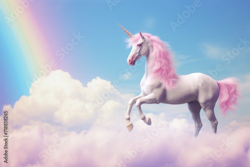 A mythical unicorn against a backdrop of fluffy clouds and a radiant rainbow.