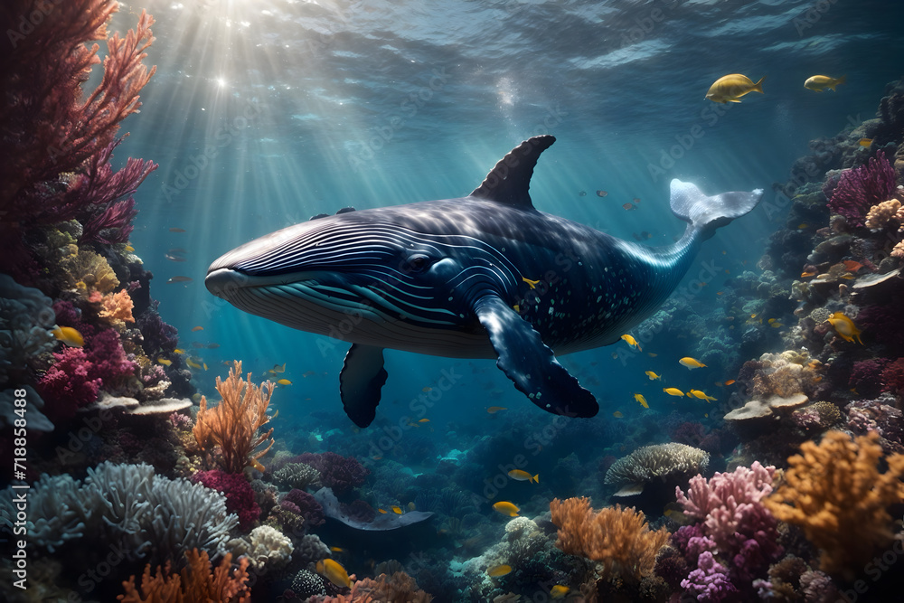 Fototapeta premium A big whale swimming happily undersea