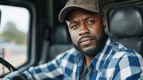 Confident black truck driver looking at camera