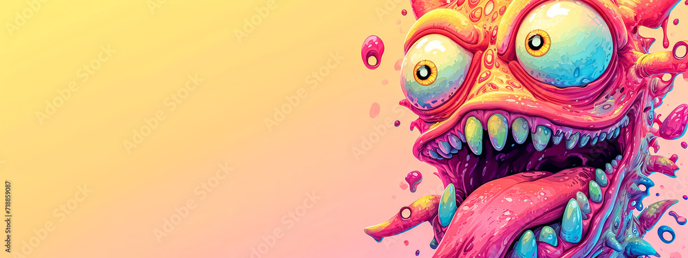 fantastical creature with exaggerated features, including bulging eyes and a gaping mouth, amidst a backdrop of liquid splashes in a gradient of warm colors