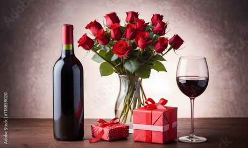 Gifts for valentine with wine and roses photo