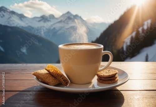 Coffee cup on wood table and view of beautiful nature background.