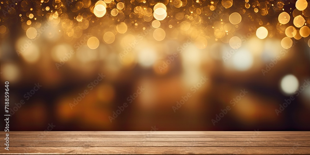Blurry golden bokeh on a wooden table in a cafe or restaurant, suitable for displaying products or designing visuals. Blurry golden bokeh on a wooden table in a cafe or restaurant, suitable for displaying products or designing visuals.