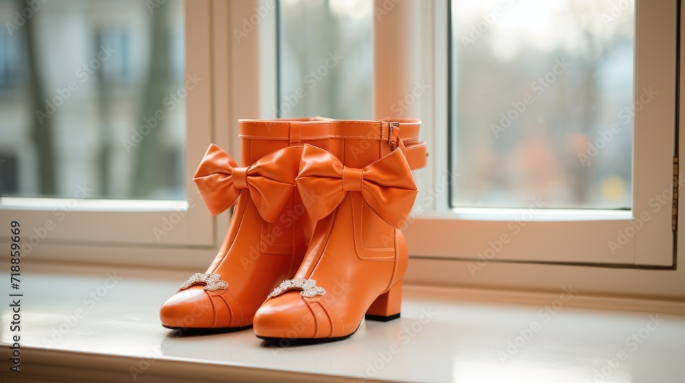 Orange boots with bows. The trend for bows in 2024. Shoes with bows