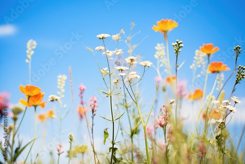 diverse wildflowers with a clear blue sky above