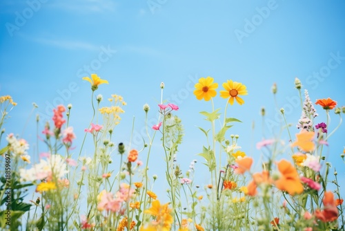 diverse wildflowers with a clear blue sky above