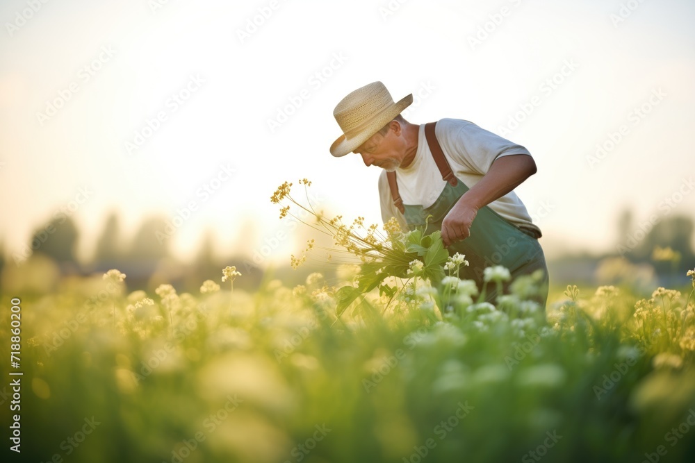 farmer harvesting wildflowers in a sunlit field