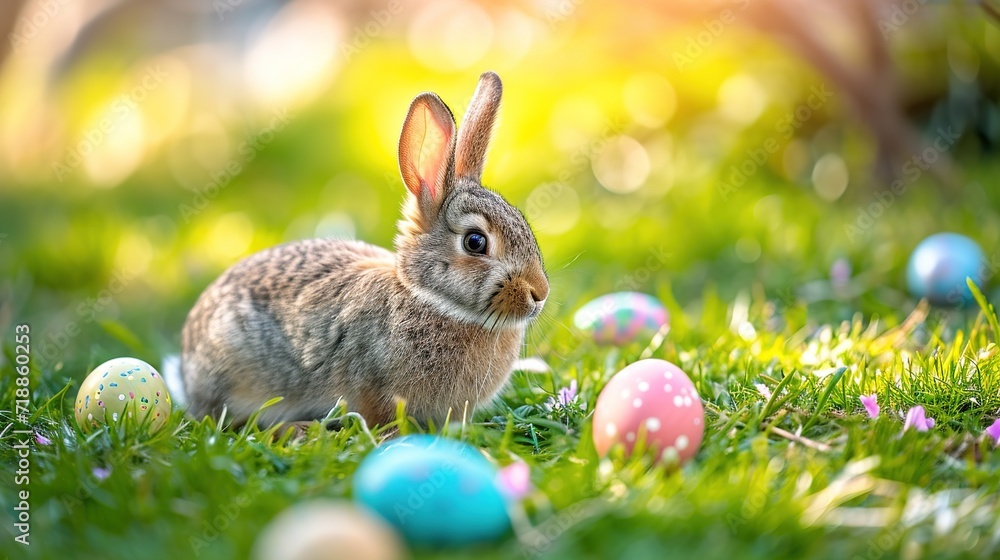Cute bunny and single easter egg. Concept and idea of happy easter day Cute bunny and single easter egg. Concept and idea of happy easter day