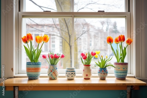 window ledge with colorful tulips in matching pots