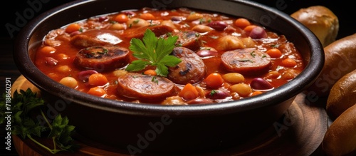 A delicious-looking bowl of tomato and bean soup, topped with sizzling sausages, is placed enticingly on a light table, making one's mouth water.