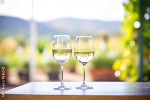 vineyard landscape with wine glasses arranged in the foreground