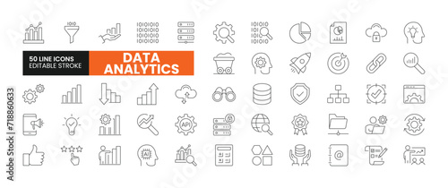Set of 50 Data Analytics line icons set. Data Analytics outline icons with editable stroke collection. Includes Data, Data Mining, Security, Analytics, Variety, and More.