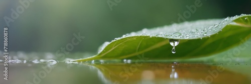 Large beautiful drops of transparent rain water on a green leaf macro. Drops of dew in the morning glow in the sun. Beautiful leaf texture in nature. Natural background