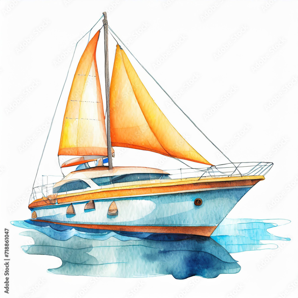 Fototapeta premium Watercolor yacht illustration on white background