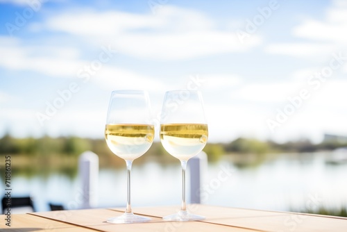 glasses of pinot grigio against a lake view photo