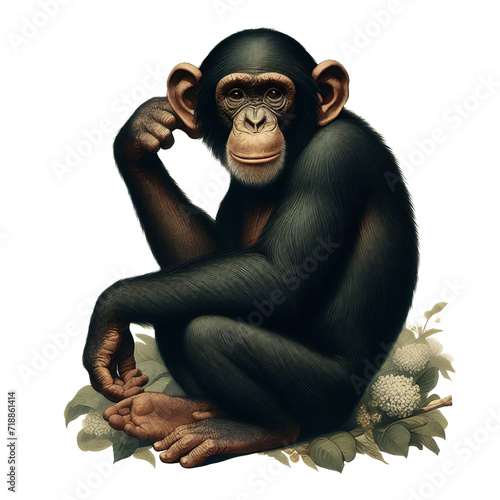 Bonobo, Pan paniscus, Biological Illustration, Lithography photo