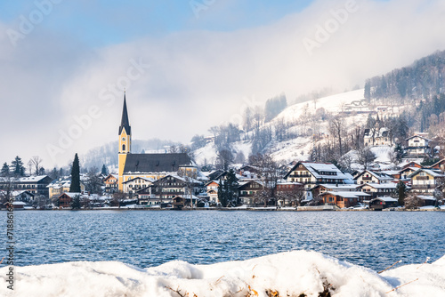 Lake Schliersee with view of town Schliersee in the Bavarian Alps in Germany