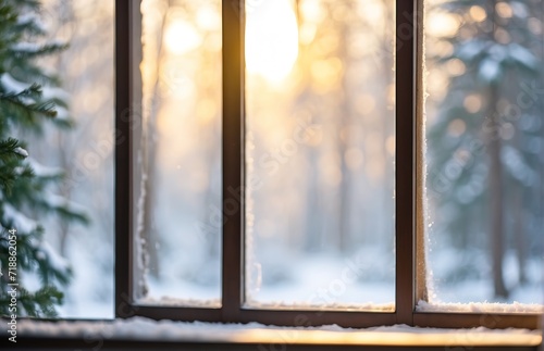 Window view on bright snow forest sunshine background © PeopleWorker