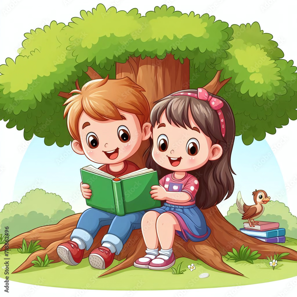 cartoon boy and girl read a book near tree