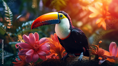 Hello summer. Super cute toucan in blossoming forest. AI generated image