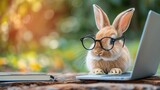 Easter holiday animal, technology e-learning concept. Baby bunny brown wearing eye glasses with laptop sitting on the wood. Lovely baby rabbit looking camera with notebook on bokeh nature background