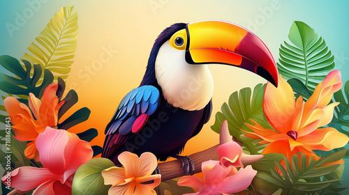 Hello summer. Super cute toucan in blossoming forest. AI generated image