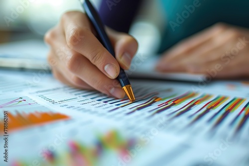 Close-up of a businessman's hand holding a pen and analyzing investment graphs. AI Generated
