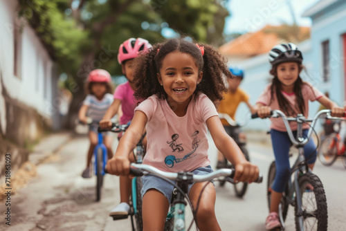 a diverse group of children enjoying a group bike ride in the city © Kien