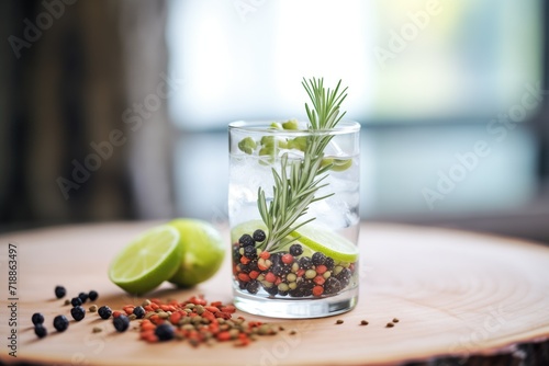 gin and tonic with lime slice and juniper berries