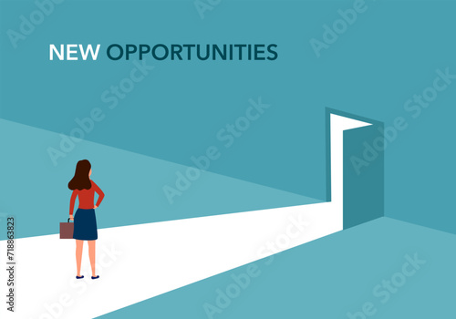 Opportunity concept. The businesswoman faces great new opportunities. The beginning of a new path. Light from the door. Bright future.