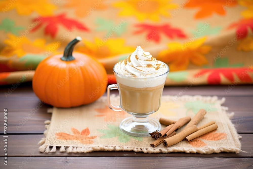 pumpkin spice latte with a dollop of whipped cream, on a burlap mat pumpkin spice latte with a dollop of whipped cream, on a burlap mat