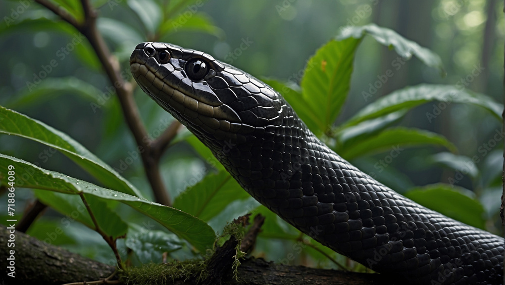 Ultra realistic high resolution photo of a vibrant black snake. generative AI Ultra realistic high resolution photo of a vibrant black snake. generative AI