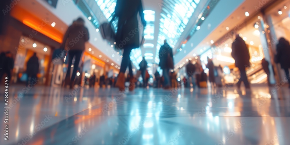 Generative AI, shopping mall with people, motion blur, blurred abstract background	
