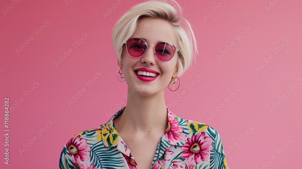 Happy confident pretty gen z blonde young woman wearing sunglasses and earrings, positive smiling girl with short blond hair wearing colorful shirt Happy confident pretty gen z blonde young woman wearing sunglasses and earrings, positive smiling girl with short blond hair wearing colorful shirt