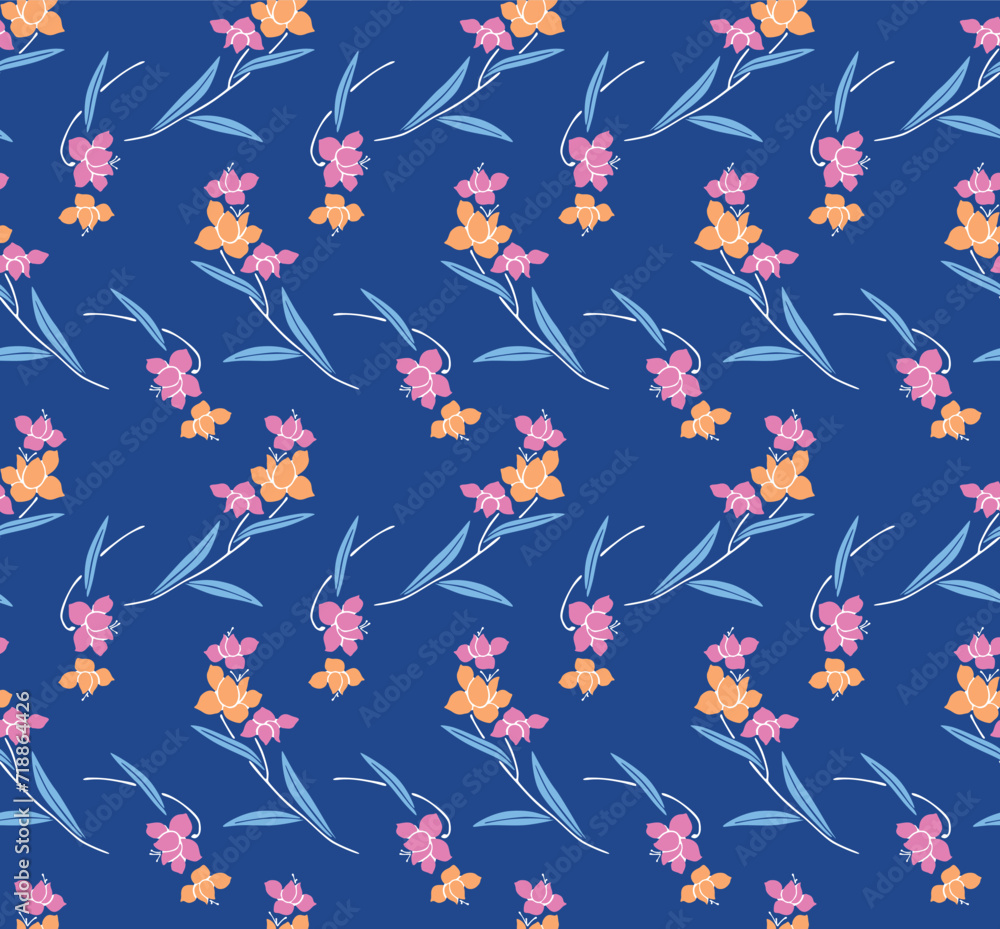 Japanese Colorful Flower Branch Vector Seamless Pattern