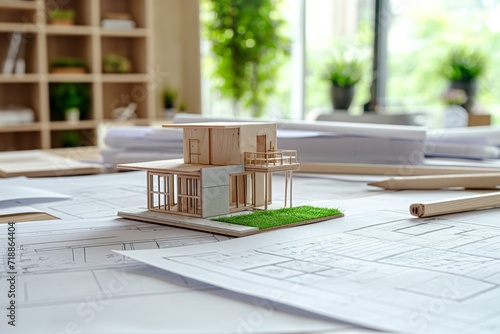 A well-organized scene showing architectural project drawings, with a miniature house model placed beside them, representing the translation of plans into a tangible structure,