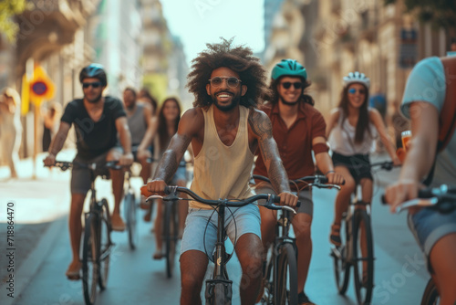 a diverse group of people enjoying a group bike ride in the city, showcasing inclusivity and empowerment
