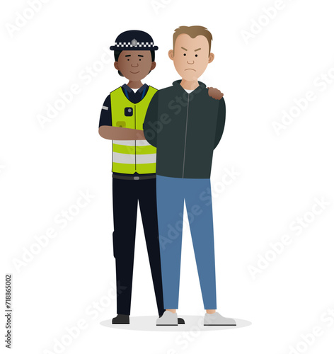 Simple flat British female police officer vector character making arrest. Criminal being put into handcuffs.
