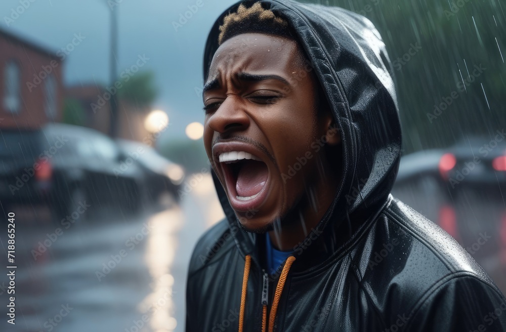 upset black man screaming, crying at street under rain. shock and emotional breakdown, depression.