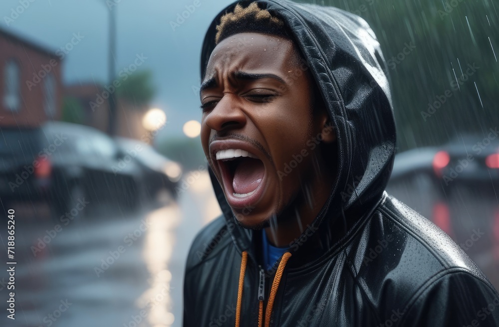 upset black man screaming, crying at street under rain. shock and emotional breakdown, depression. upset black man screaming, crying at street under rain. shock and emotional breakdown, depression.