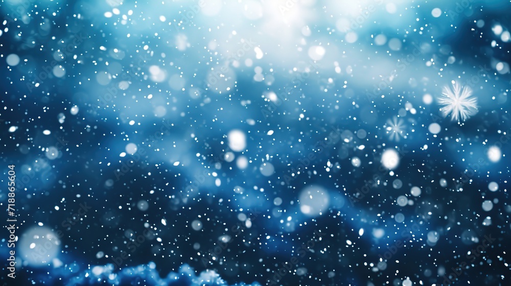 Fototapeta premium Falling snowflakes on night sky white background. Bokeh with white snow and snowflakes on a blue background