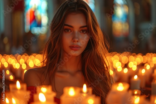 Glowing Beauty in a Church with Lit Candles Generative AI