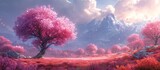 Pink Blossoms in the Mountains: A Breathtaking Scene for the Month of Love Generative AI