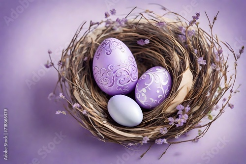 Sweet little top view of the most endearing little Easter egg resting in a nest on the side, against a pale lavender background with a small nest in soft purple hues.