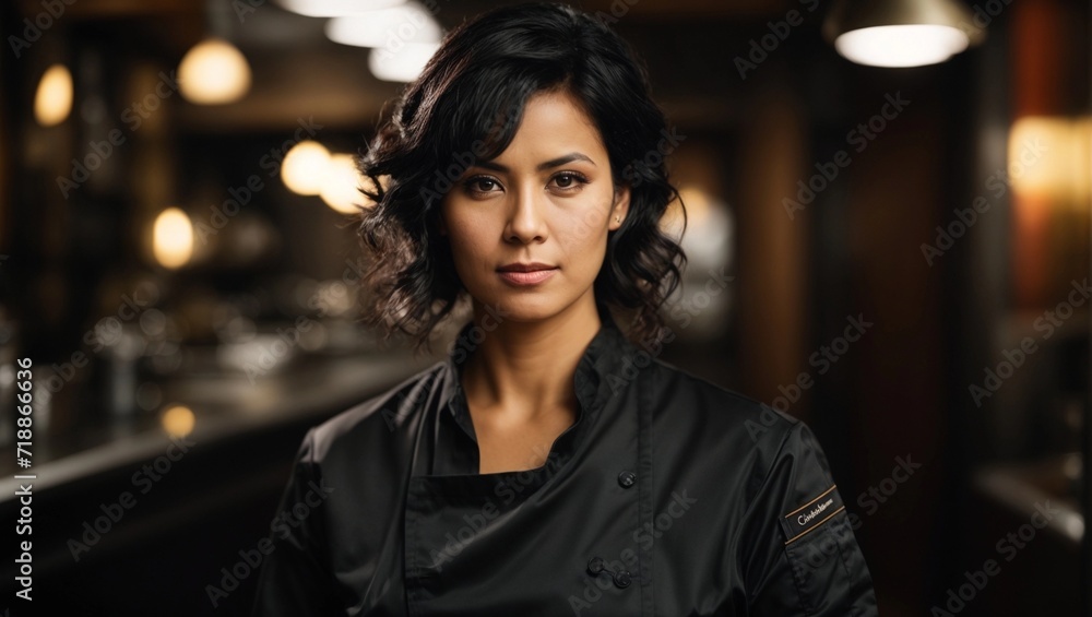 chef or waiter middle age black haired  female  on uniform in dark background