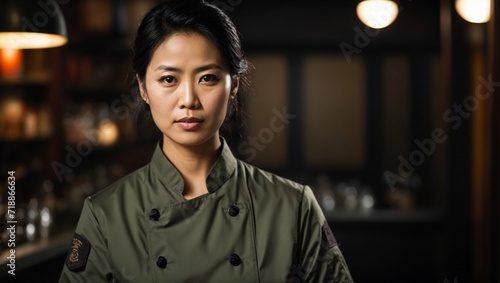 chef or waiter middle age black haired asian female on uniform in dark background