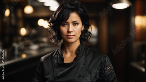 chef or waiter middle age black haired female on uniform in dark background