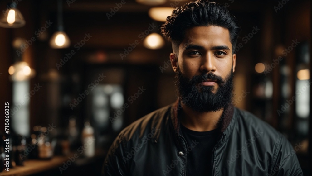 Obraz premium Portrait of young professional black hair male barber with beard on dark background