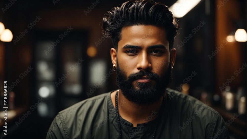 Portrait of young professional black hair male  barber with beard on dark background - obrazy, fototapety, plakaty 