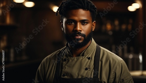 chef or waiter young black haired indian male with beard on uniform in dark background